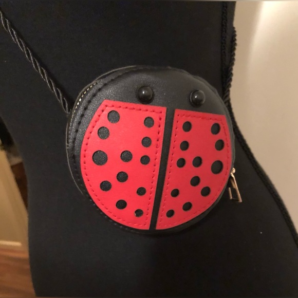 Mini Bag; Lady Bug; Red & Black; Vegan Leather; Rope Strap; Approx 4” Diameter - Picture 5 of 6